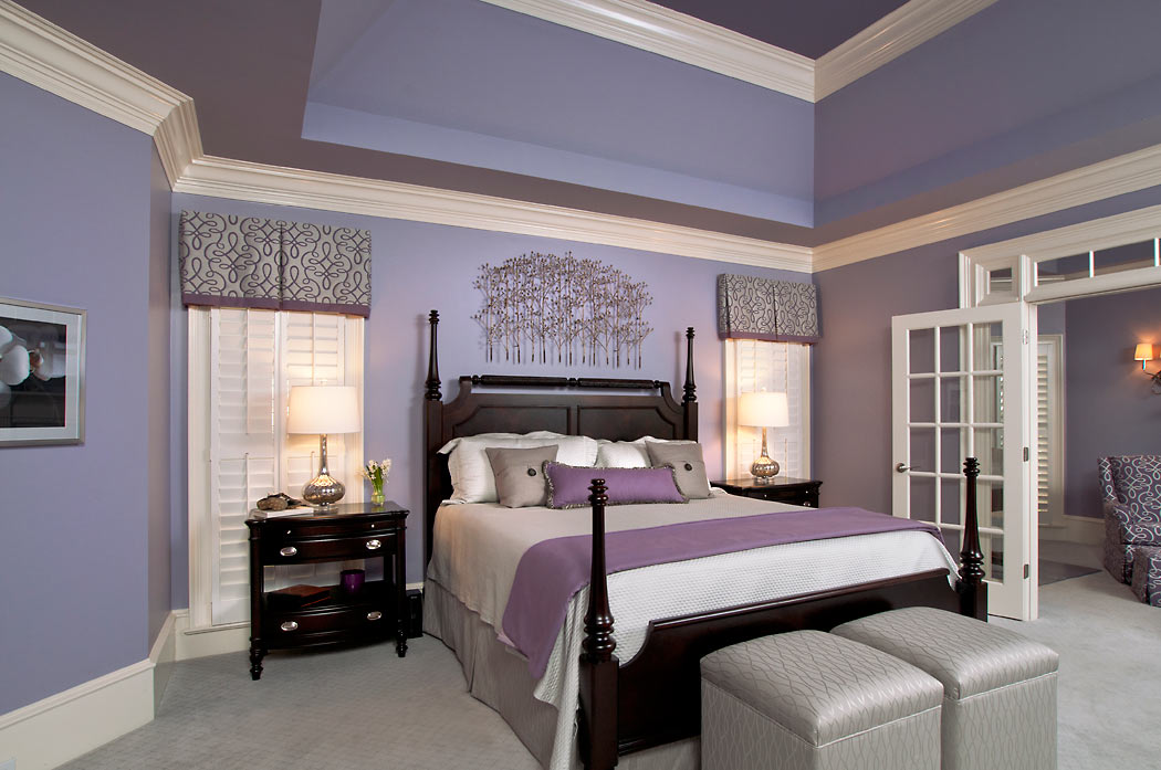 master bedroom with lavendar walls