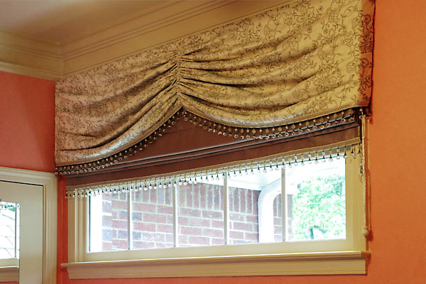 Feminine bedroom window treatment with glass bead trim