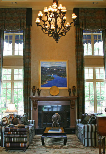 Perfect symmetry in this colorful living room; custom-painted walls