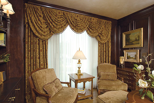 window treatments with sheer curtains for privacy in a home office