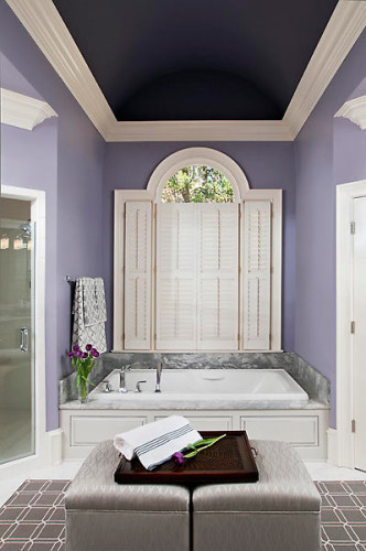 Bathtub in master suite, below a vaulted ceiling